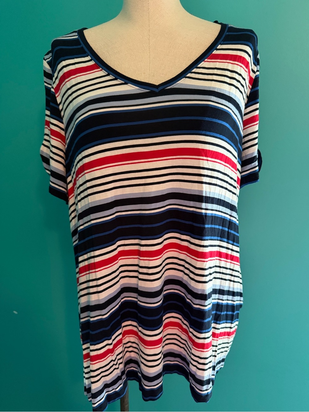 Lane Bryant Navy, White & Red Striped V-Neck Short Sleeve Top